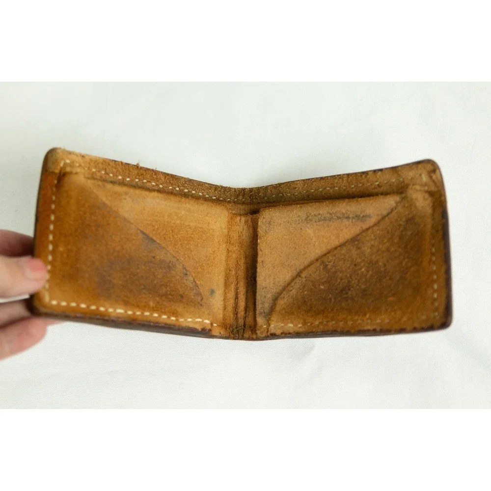 Vintage Distressed Brown Leather Bifold Wallet Contrast Stitch Minimalist Carry